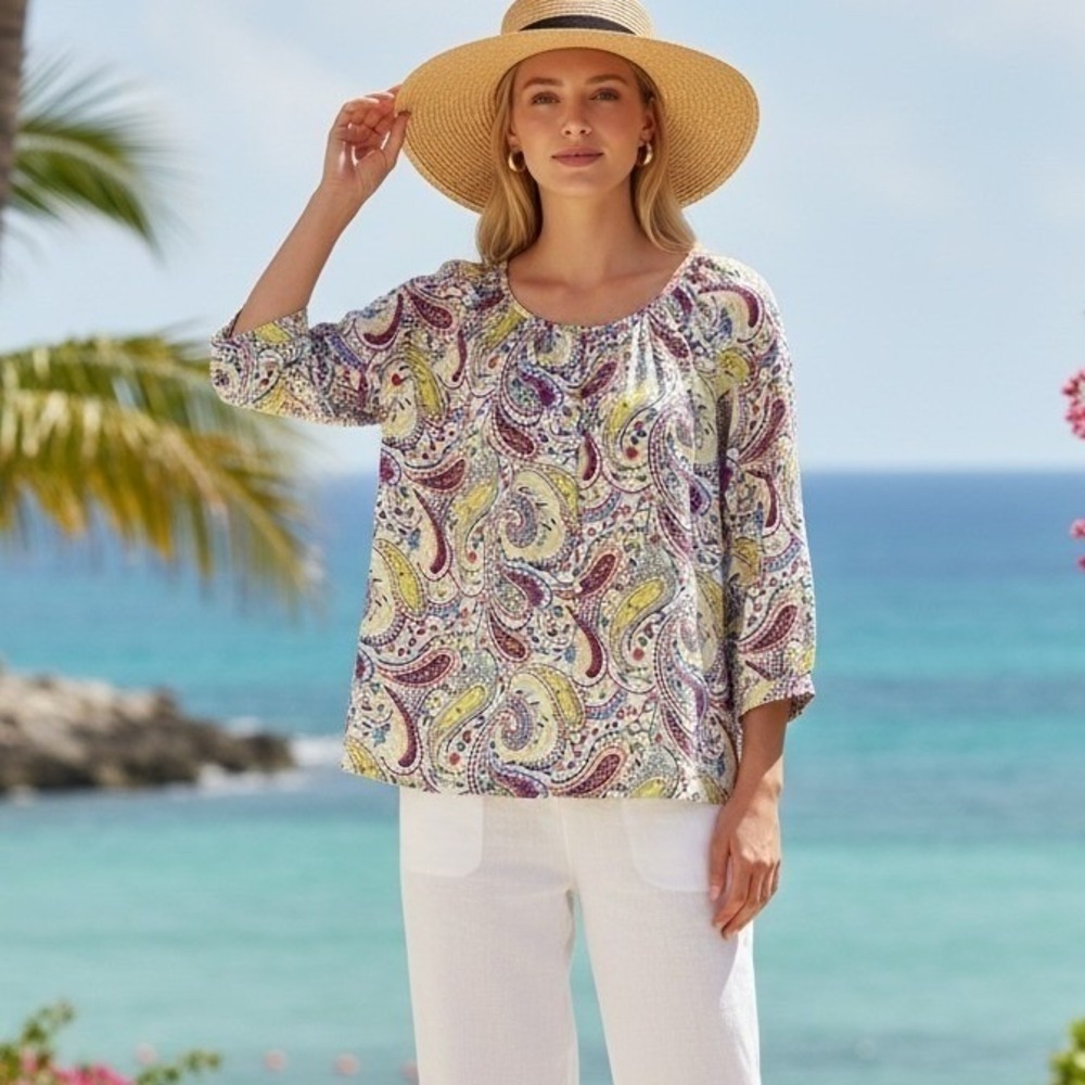 Talbots Paisley Floral Cotton Blouse Boho Coastal Grandma Resortwear‎ Size LP
